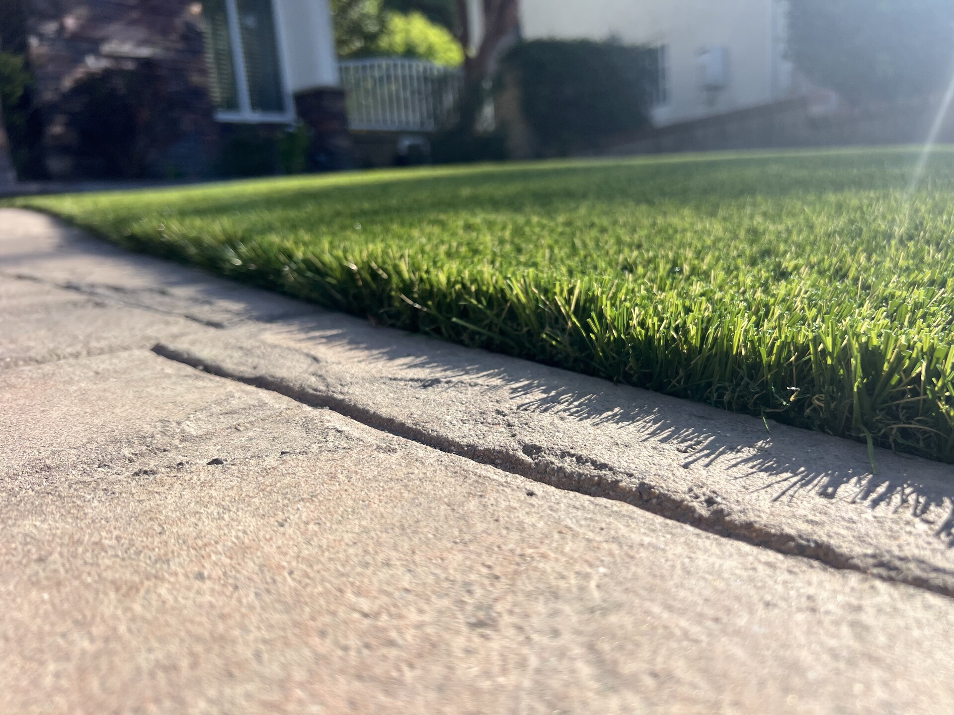 Close-up of a lush, upright artificial turf lawn at a home entryway