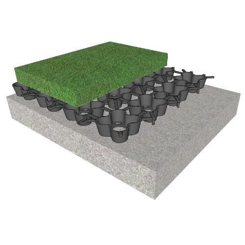 AirDrain K9 system layer diagram — synthetic turf, AirDrain GeoCell, and subbase